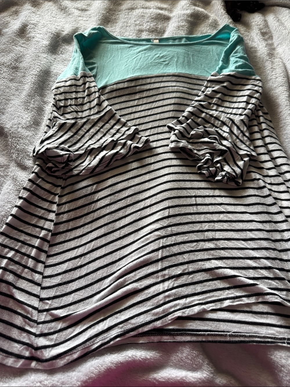 Striped Long-Sleeve Boatneck Top with Mint Yoke